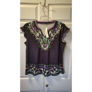 NWT Saukole Black Floral Geometric V-Neck Top Flutter Sleeve Large